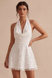 White Floral Halter A Line Short Engagement Dress