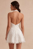 White Floral Halter A Line Short Engagement Dress