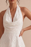 White Floral Halter A Line Short Engagement Dress