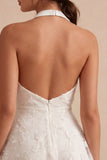 White Floral Halter A Line Short Engagement Dress