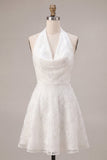 White Floral Halter A Line Short Engagement Dress
