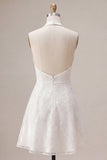 White Floral Halter A Line Short Engagement Dress