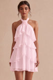 White Halter A Line Short Engagement Dress with Flower