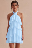 White Halter A Line Short Engagement Dress with Flower
