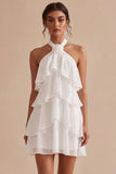 White Halter A Line Short Engagement Dress with Flower