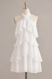 White Halter A Line Short Engagement Dress with Flower