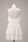 White Halter A Line Short Engagement Dress with Flower