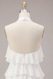 White Halter A Line Short Engagement Dress with Flower