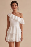 White One Shoulder Ruffled A Line Short Engagement Dress