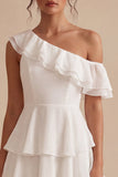 White One Shoulder Ruffled A Line Short Engagement Dress