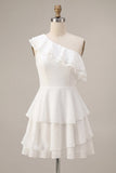 White One Shoulder Ruffled A Line Short Engagement Dress