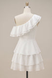 White One Shoulder Ruffled A Line Short Engagement Dress