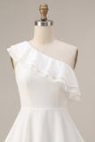 White One Shoulder Ruffled A Line Short Engagement Dress