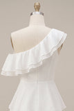 White One Shoulder Ruffled A Line Short Engagement Dress