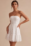 White Strapless Floral A Line Short Engagement Dress