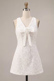 White Floral V-Neck A Line Short Engagement Dress