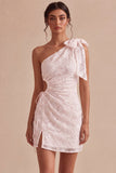 White Floral Bodycon One Shoulder Short Engagement Dress with Slit