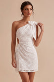 White Floral Bodycon One Shoulder Short Engagement Dress with Slit