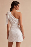 White Floral Bodycon One Shoulder Short Engagement Dress with Slit