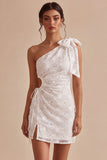White Floral Bodycon One Shoulder Short Engagement Dress with Slit