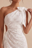 White Floral Bodycon One Shoulder Short Engagement Dress with Slit