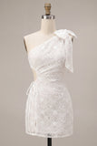 White Floral Bodycon One Shoulder Short Engagement Dress with Slit