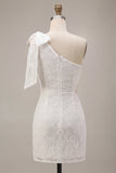 White Floral Bodycon One Shoulder Short Engagement Dress with Slit