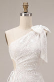 White Floral Bodycon One Shoulder Short Engagement Dress with Slit