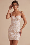 Ivory Floral Bodycon Spaghetti Straps Short Graduation Dress