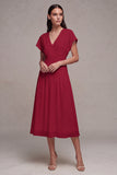 White Ruched V-Neck A Line Midi Engagement Dress