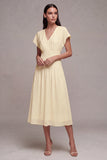 White Ruched V-Neck A Line Midi Engagement Dress