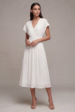 White Ruched V-Neck A Line Midi Engagement Dress
