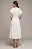 White Ruched V-Neck A Line Midi Engagement Dress