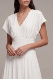 White Ruched V-Neck A Line Midi Engagement Dress