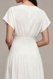 White Ruched V-Neck A Line Midi Engagement Dress