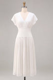 White Ruched V-Neck A Line Midi Engagement Dress