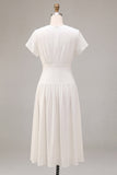 White Ruched V-Neck A Line Midi Engagement Dress