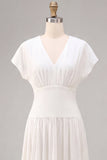 White Ruched V-Neck A Line Midi Engagement Dress