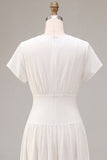White Ruched V-Neck A Line Midi Engagement Dress