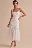 White Floral Square Neck Mermaid Long Engagement Dress