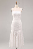White Floral Square Neck Mermaid Long Engagement Dress
