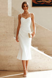 White Spaghetti Straps Mermaid Midi Engagement Dress