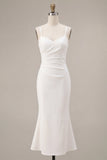 White Spaghetti Straps Mermaid Midi Engagement Dress