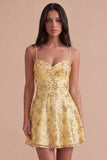 Sparkly Yellow Sequin Spaghetti Straps Short Cocktail Dress