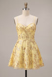 Sparkly Yellow Sequin Spaghetti Straps Short Cocktail Dress