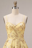 Sparkly Yellow Sequin Spaghetti Straps Short Cocktail Dress