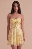 Yellow Corset Sparkly Sequin Strapless Short Cocktail Dress