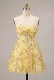 Yellow Corset Sparkly Sequin Strapless Short Cocktail Dress