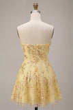 Yellow Corset Sparkly Sequin Strapless Short Cocktail Dress
