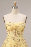 Yellow Corset Sparkly Sequin Strapless Short Cocktail Dress